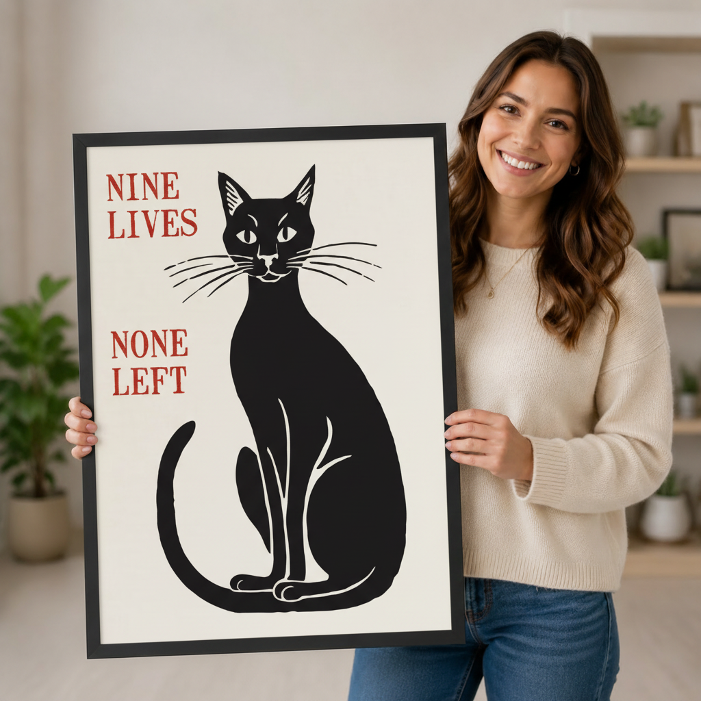 Woman holding large framed black cat vintage poster print showing Nine Lives None Left artwork size reference