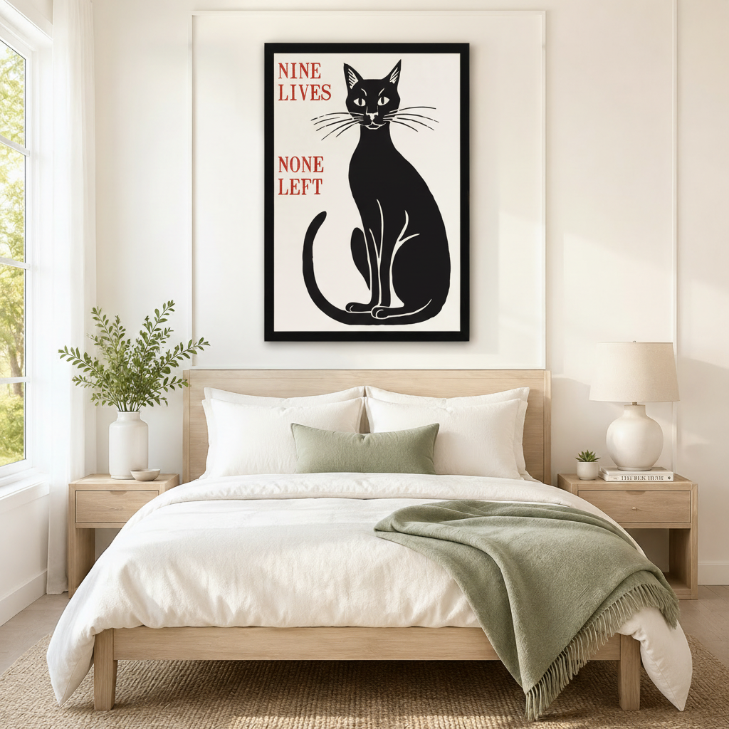 Nine Lives None Left black cat framed canvas art displayed above bed headboard in a cozy modern bedroom