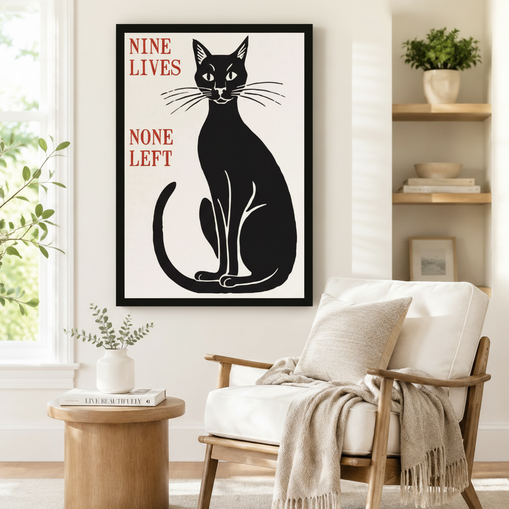 Nine Lives None Left gothic cat canvas print in black frame beside a wooden armchair in a Nordic minimal reading nook