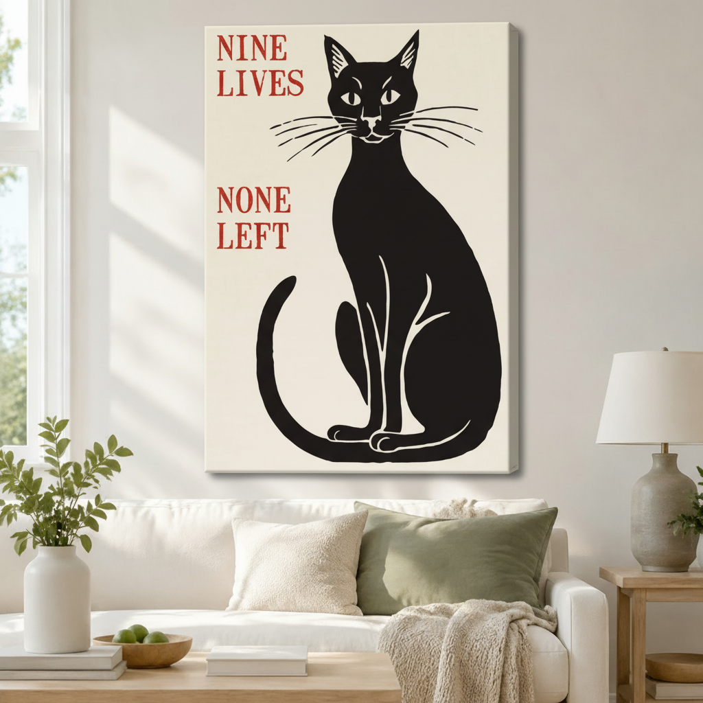Vintage black cat stretched canvas wall art hung above white sofa in a bright Scandinavian-style living room