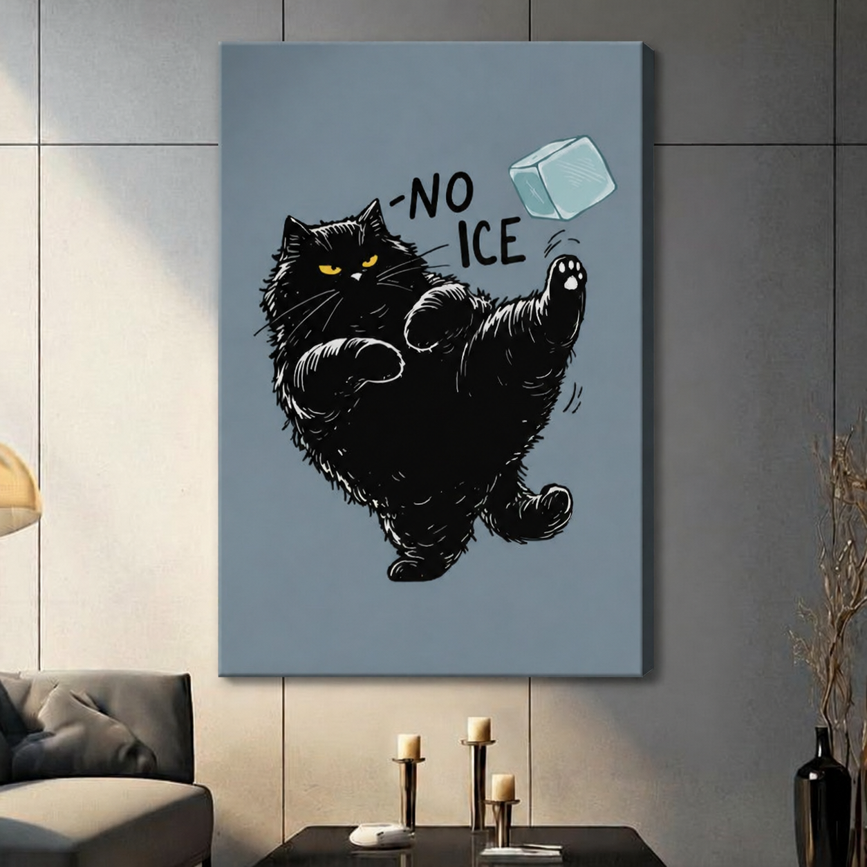 Funny black cat No Ice canvas wrap wall art in frameless style, dark sofa living room scene