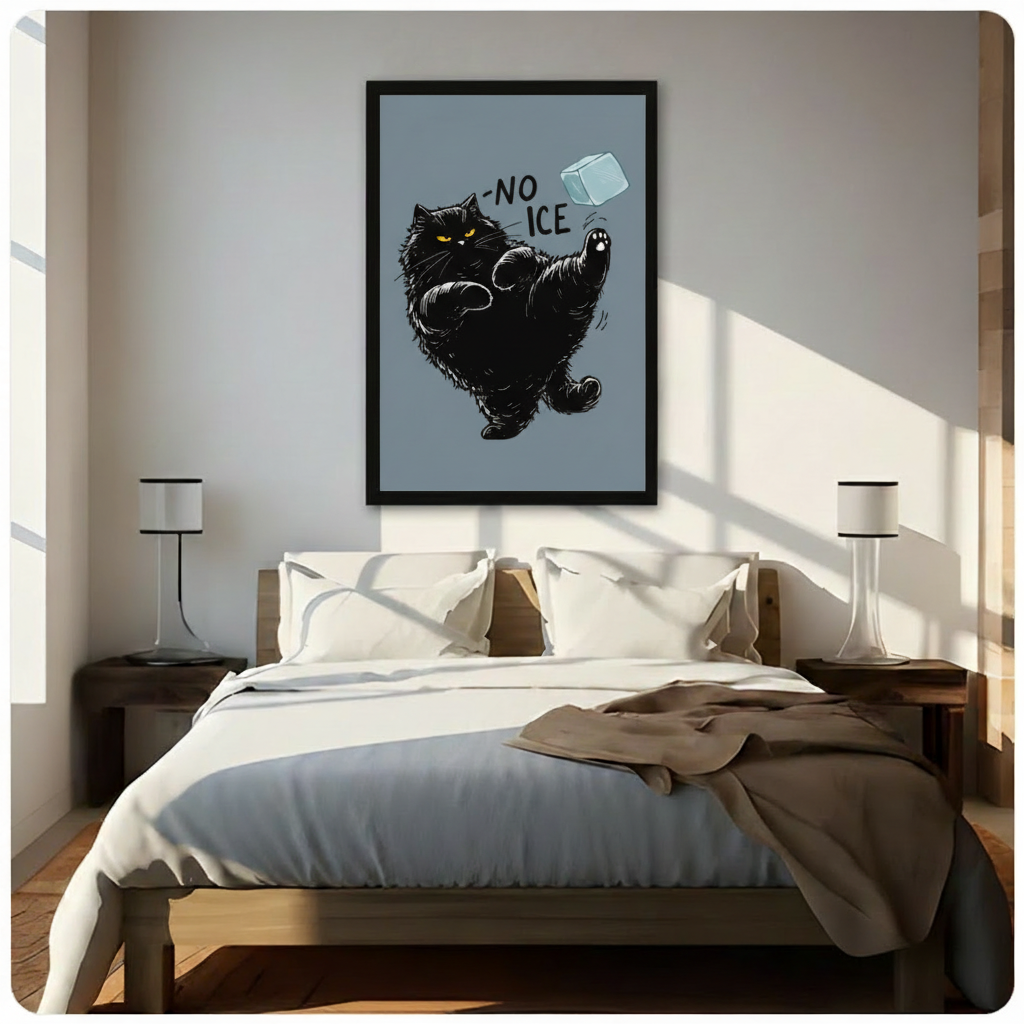 Black cat No Ice humorous framed wall art above a white bed in a bright minimalist bedroom