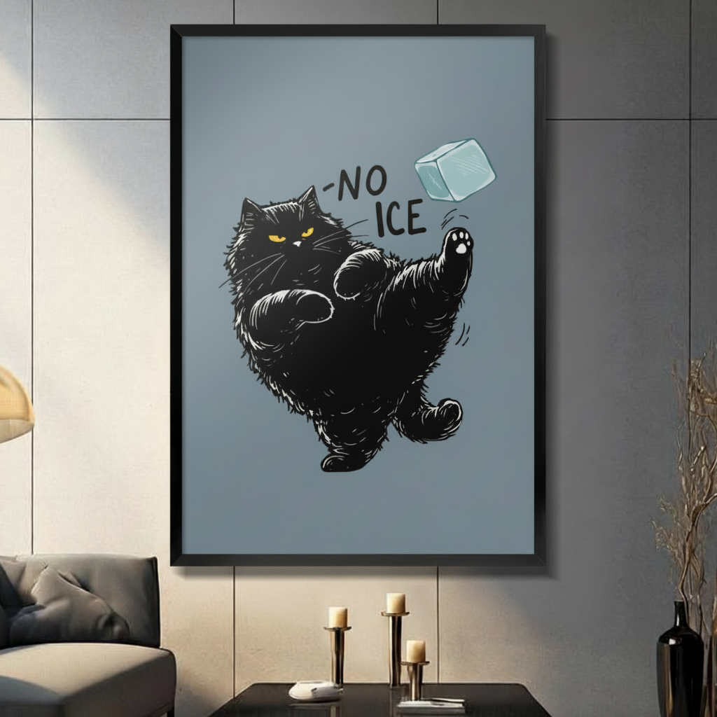 Black cat "No Ice" framed wall art print displayed above a dark sofa in a modern living room