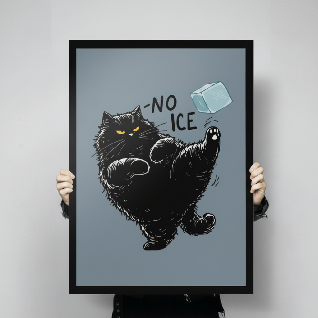 Person holding black cat No Ice framed art print, front-facing product display on grey background