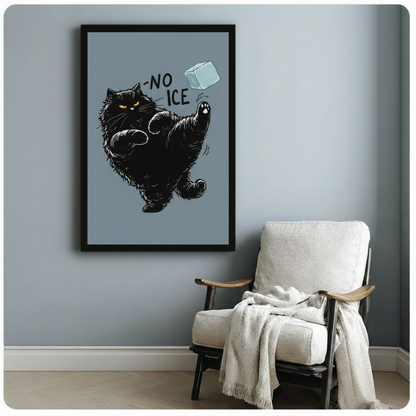 No Ice black cat wall art in black frame beside a white reading chair and grey wall