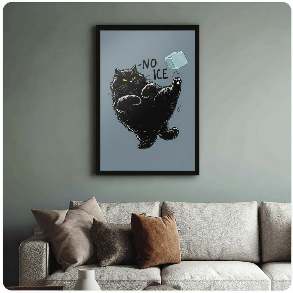 Black cat kicking ice cube framed poster art hanging above a sage green sofa in a cozy living room
