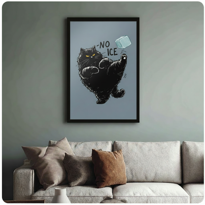 Black cat kicking ice cube framed poster art hanging above a sage green sofa in a cozy living room