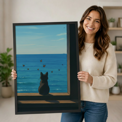 Smiling woman holding a large framed black cat ocean butterfly canvas print, demonstrating size and print quality for premium wall art