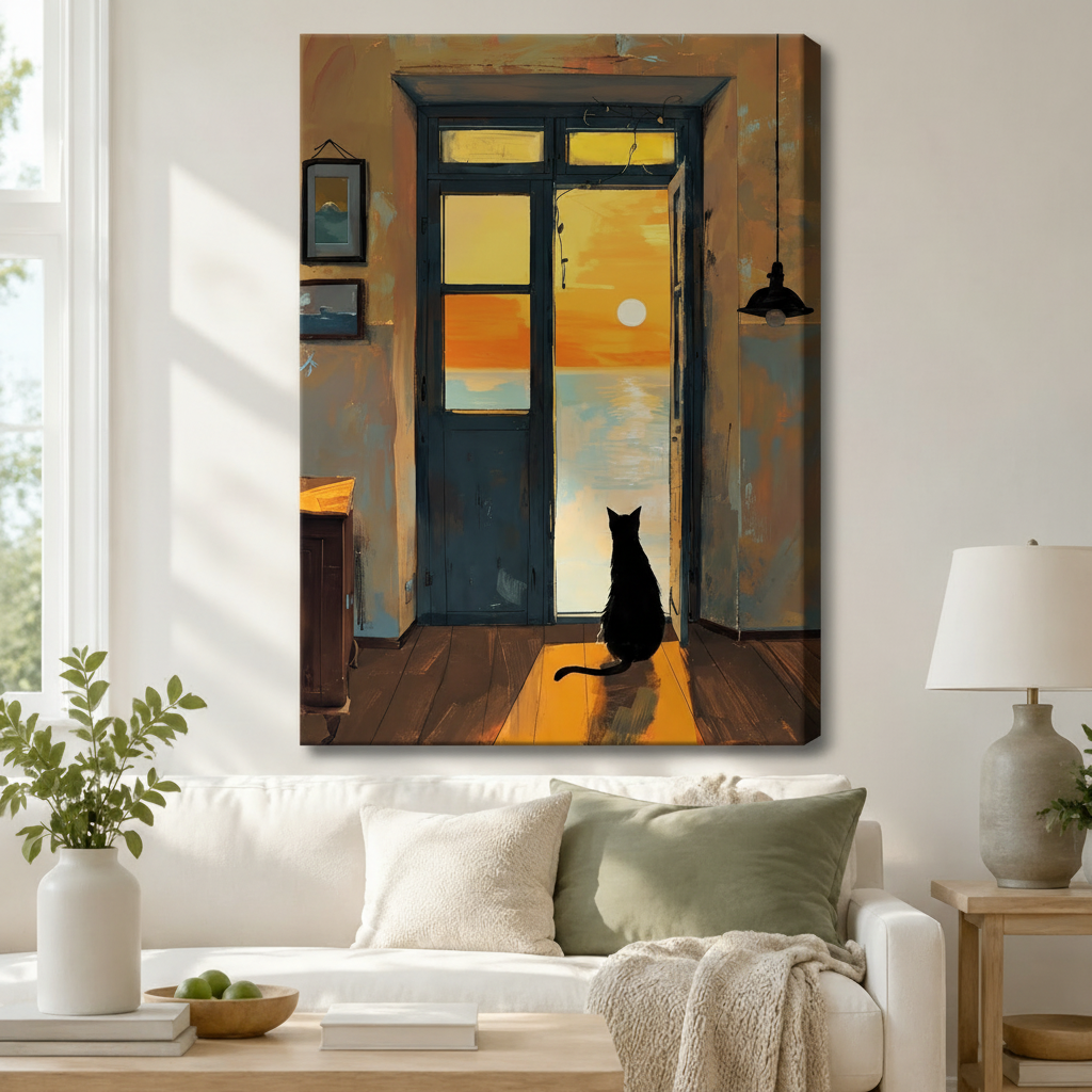 Stretched canvas black cat wall art depicting a silhouette cat sitting in a warm doorway overlooking a glowing orange sunset over the sea, hung above a white sofa in a modern living room