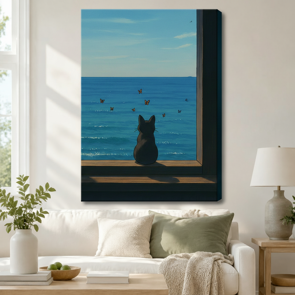 Gallery wrapped canvas print of a black cat gazing at butterflies over a calm blue ocean through a window, hung above a white linen sofa in a Scandinavian living room