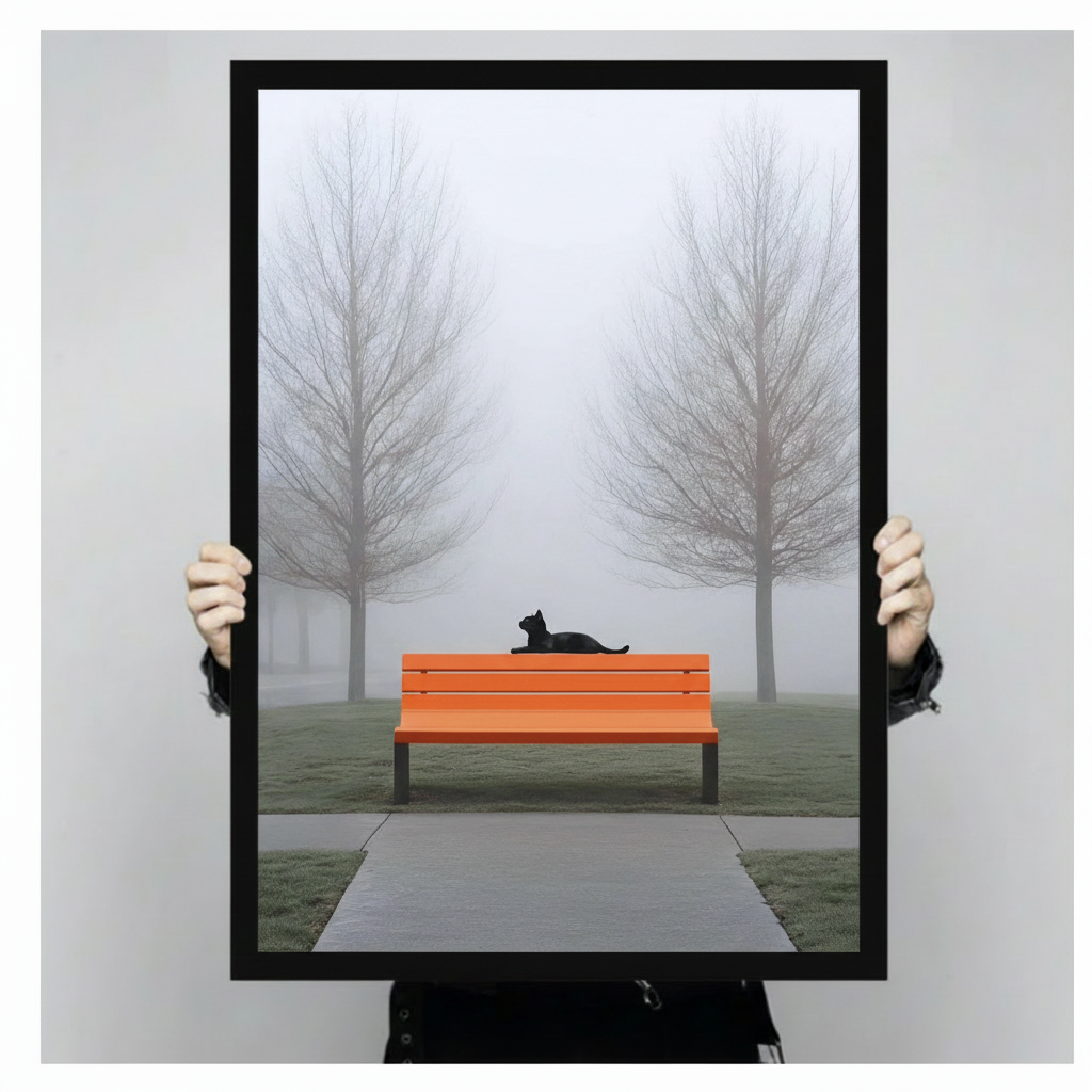 Close-up of framed poster showing solitary black cat resting on orange bench amid misty bare trees held by two hands