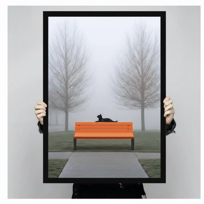 Close-up of framed poster showing solitary black cat resting on orange bench amid misty bare trees held by two hands