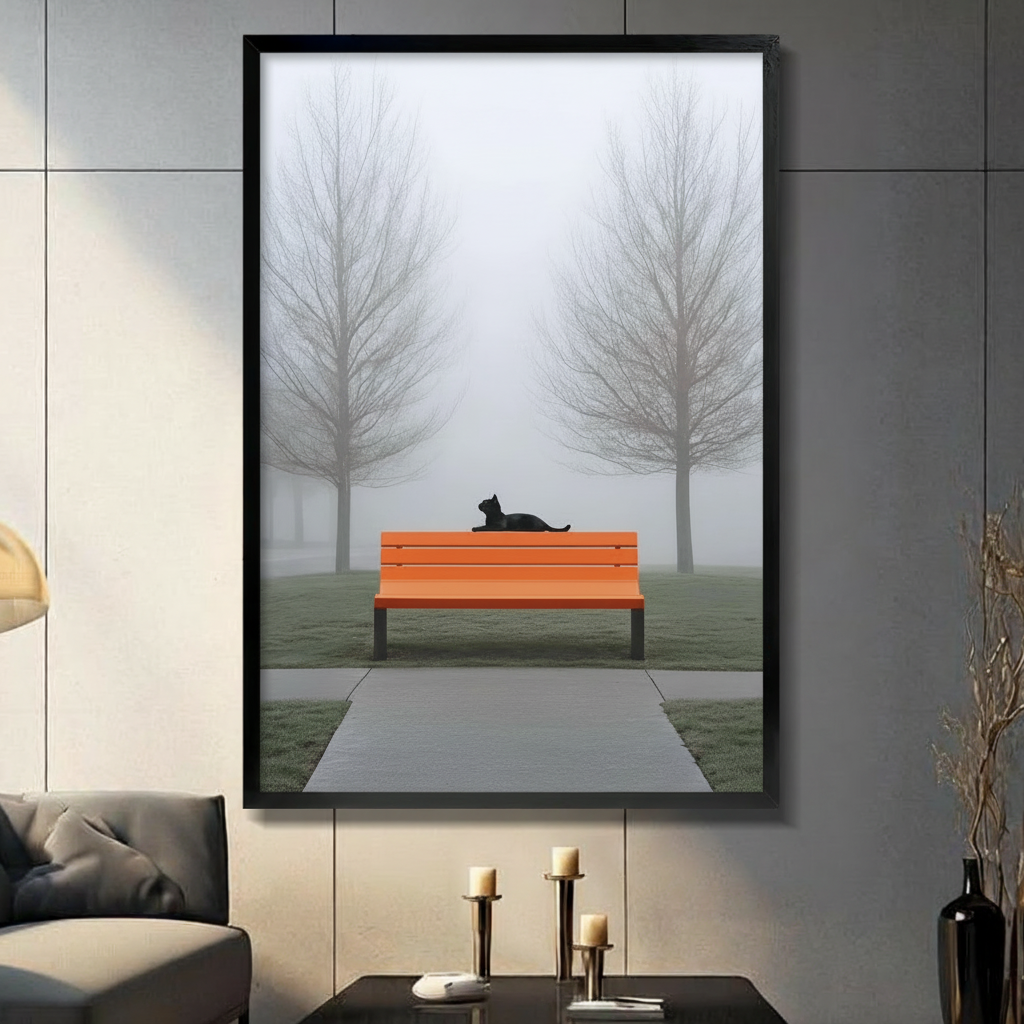 Framed wall art of a black cat resting on an orange bench in a misty foggy park with bare trees displayed in modern dark living room