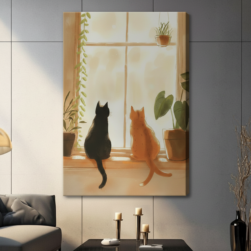 Canvas wall art featuring two cats gazing out a bright window surrounded by indoor plants, cozy watercolor illustration, modern home decor