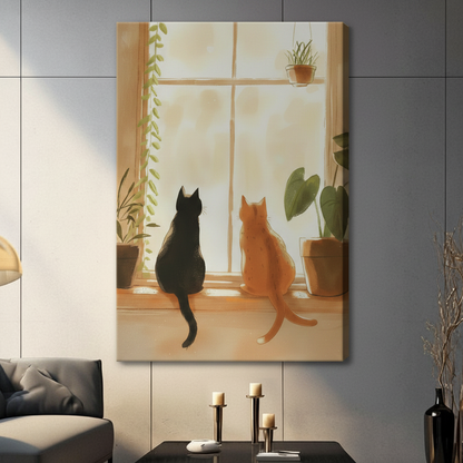 Canvas wall art featuring two cats gazing out a bright window surrounded by indoor plants, cozy watercolor illustration, modern home decor