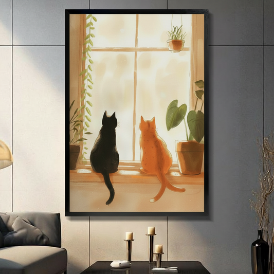 Framed wall art print of a black cat and orange cat sitting by a sunlit window with potted plants, warm illustration style, living room decor