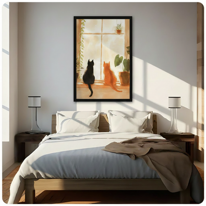 Framed black and orange cat wall art hung above a wooden bed in a sunlit bedroom, peaceful window scene with indoor plants, cat home decor