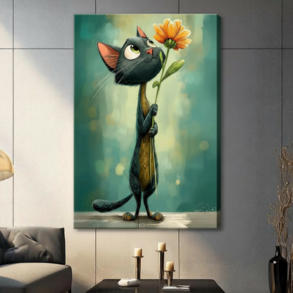 Cartoon illustration with painterly texture of a tall slender black cat with big round green eyes clutching a long-stemmed orange chrysanthemum and looking up adoringly against a dreamy teal bokeh background sweet black cat wall art stretched canvas in a living room with dark gray panel wall dark sofa and black vase