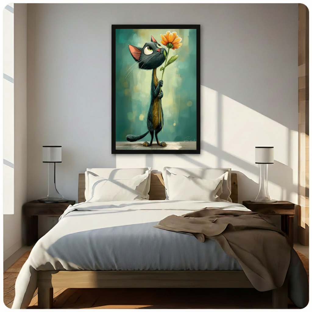 Cartoon painterly illustration of a tall slender black cat with big green eyes standing and holding a single orange chrysanthemum bloom on a long green stem while looking up at it against a soft teal bokeh background sweet black cat floral wall art framed print above a bedroom with white linen bedding dark wood bed frame and white table lamps
