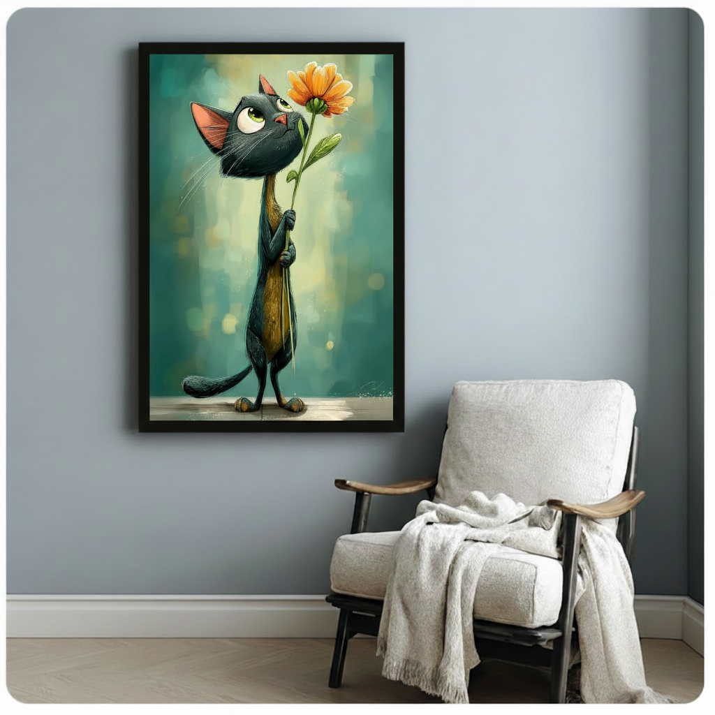 Cartoon painterly illustration of a lanky black cat with large green eyes standing and holding up a single orange daisy against a soft teal bokeh background whimsical black cat floral wall art framed print beside a white linen armchair on a blue gray wall