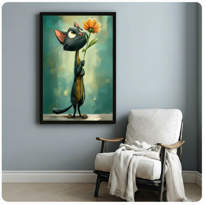 Cartoon painterly illustration of a lanky black cat with large green eyes standing and holding up a single orange daisy against a soft teal bokeh background whimsical black cat floral wall art framed print beside a white linen armchair on a blue gray wall