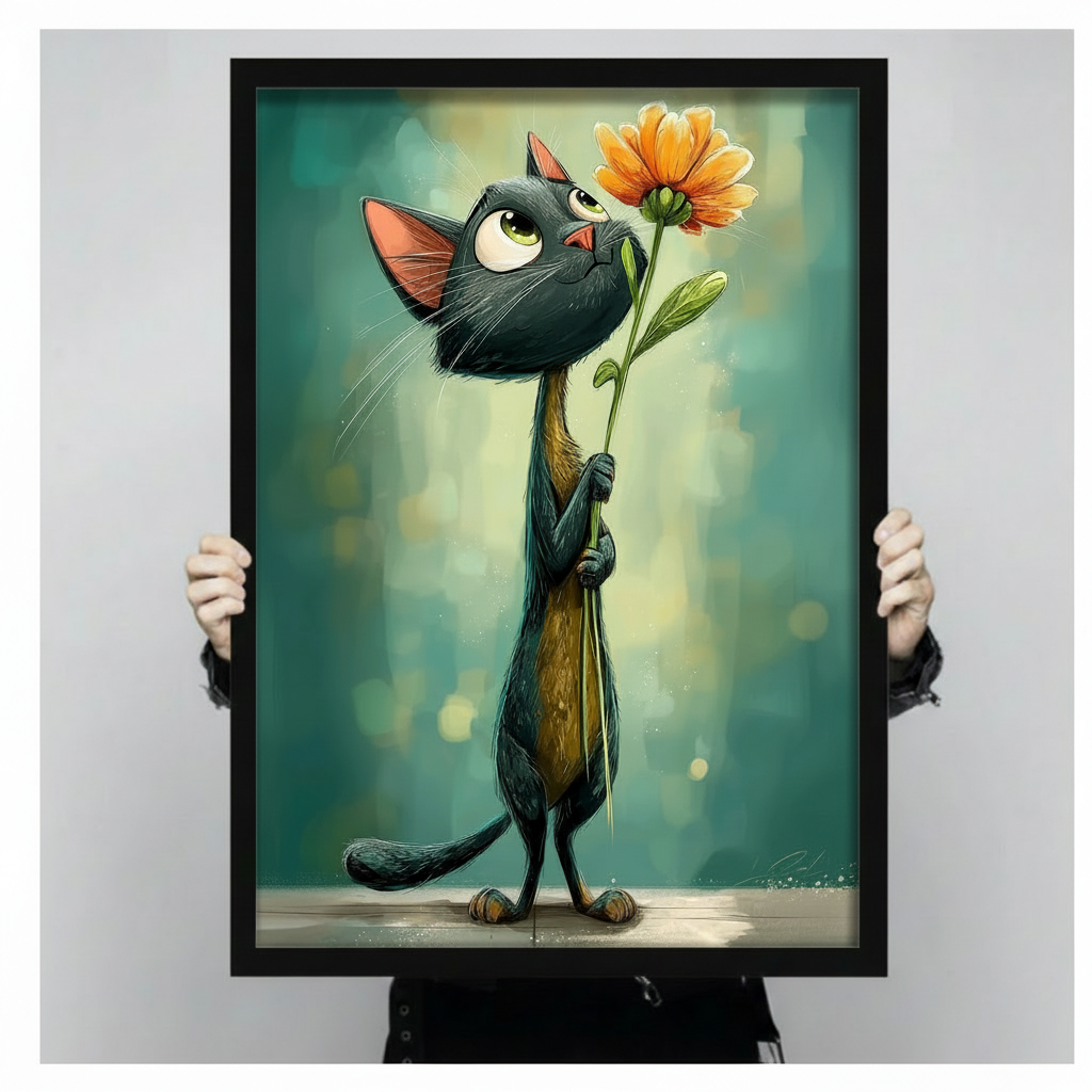 Cartoon illustration of a slender black cat with oversized round green eyes pink nose and white whiskers standing upright clutching a tall orange chrysanthemum stem and gazing up at the flower against a soft teal bokeh background cute black cat floral wall art framed print held against a light gray background