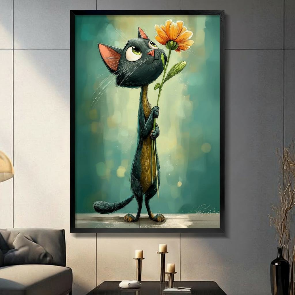 Cartoon painterly illustration of a slender black cat with oversized green eyes standing upright and holding a single orange chrysanthemum stem while gazing up at the bloom against a soft teal bokeh background charming black cat floral wall art framed print in a living room with dark gray panel wall dark sofa and black vase