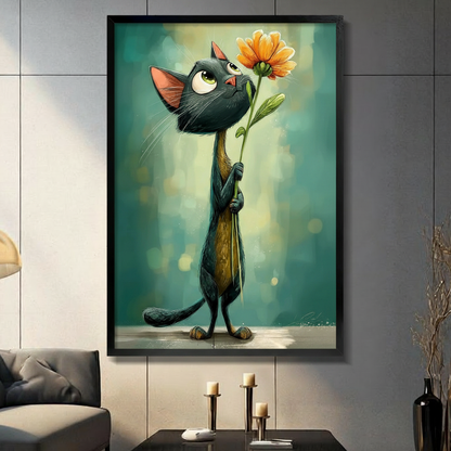 Cartoon painterly illustration of a slender black cat with oversized green eyes standing upright and holding a single orange chrysanthemum stem while gazing up at the bloom against a soft teal bokeh background charming black cat floral wall art framed print in a living room with dark gray panel wall dark sofa and black vase