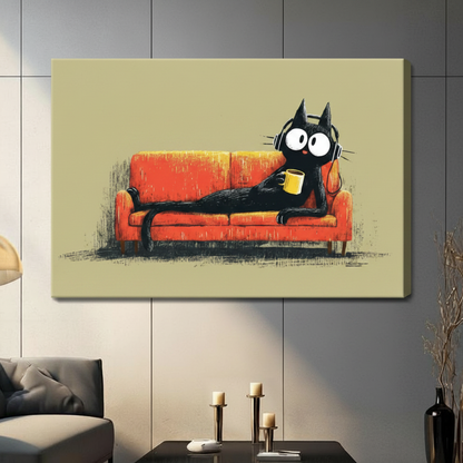 Unframed black cat relaxing on orange sofa canvas print mounted on grey panel wall in contemporary living space