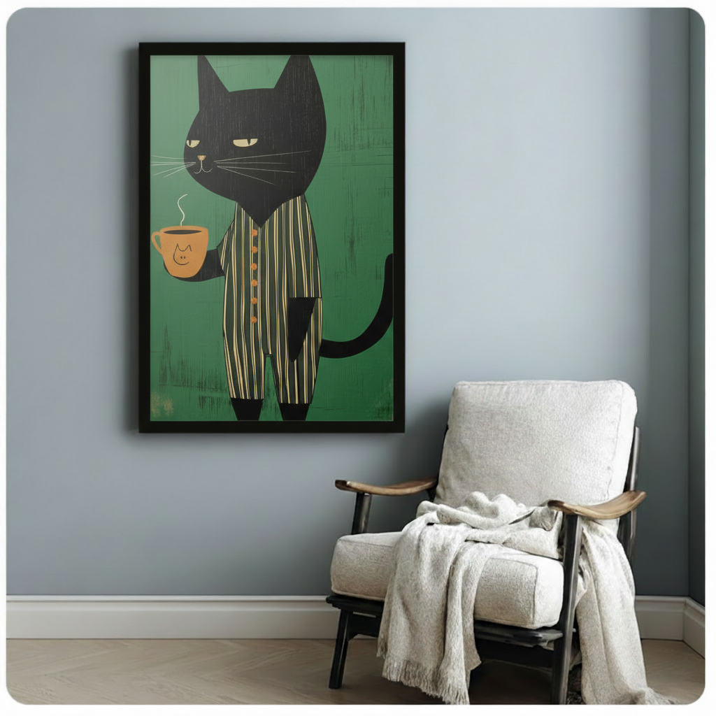 Black framed retro-style black cat coffee canvas print on a blue-gray wall beside a white linen accent chair with cozy throw blanket