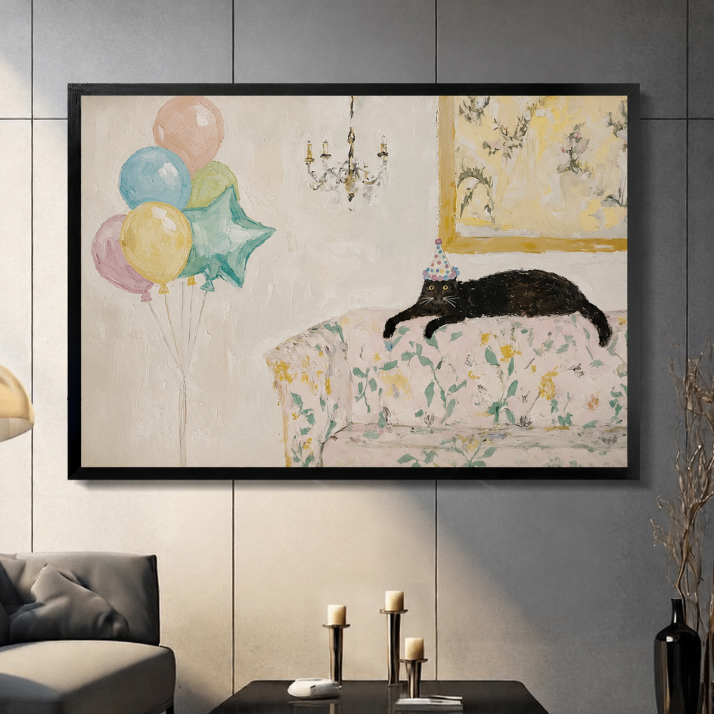 Framed canvas wall art featuring a black cat wearing a party hat lounging on a floral sofa with colorful balloons, displayed in a modern living room