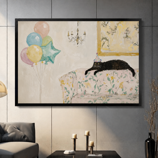 Framed canvas wall art featuring a black cat wearing a party hat lounging on a floral sofa with colorful balloons, displayed in a modern living room