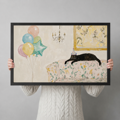 Person holding a black-framed art print depicting a black cat with a birthday hat on a floral sofa with a chandelier and pastel balloons in the background
