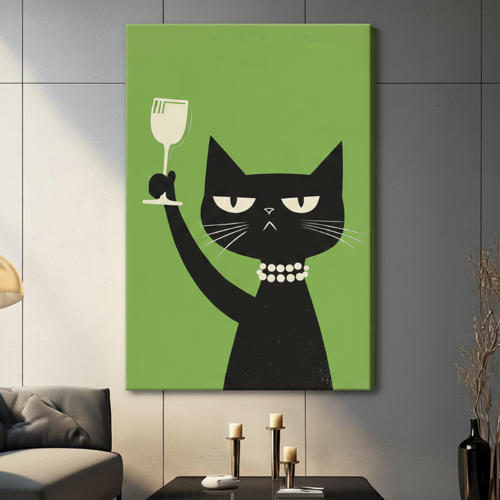 Black cat with pearl necklace raising wine glass canvas print on dark grey living room wall