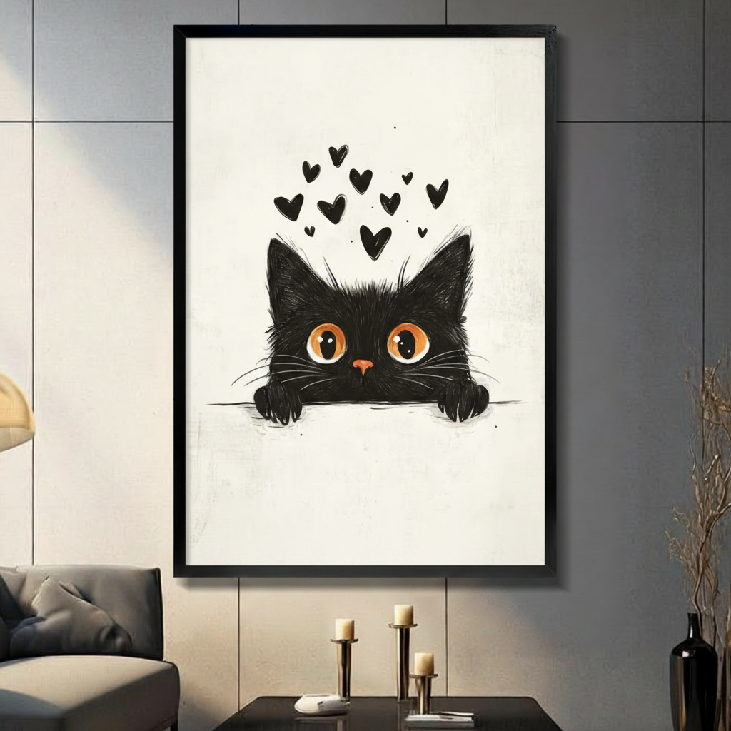 Black fluffy cat peeking over edge with floating hearts minimalist line art illustration in black frame on dark grey panel wall – big orange eyes cream background cute cat canvas wall art for living room