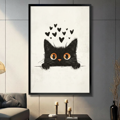Black fluffy cat peeking over edge with floating hearts minimalist line art illustration in black frame on dark grey panel wall – big orange eyes cream background cute cat canvas wall art for living room
