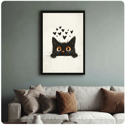 Framed black fluffy cat peeking over edge with floating hearts minimalist line art illustration above cream textured sofa on sage green wall – big orange eyes cream background cute cat canvas wall art for living room decor