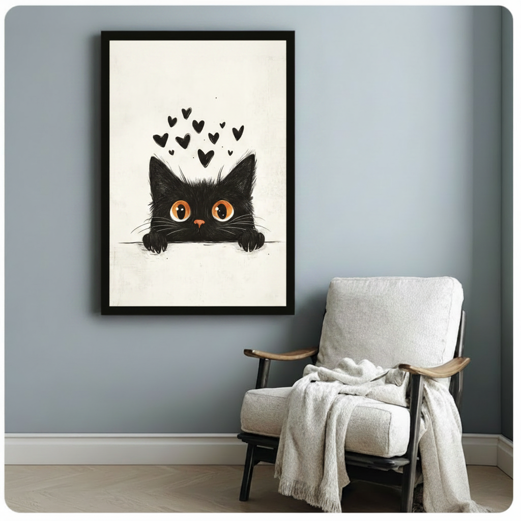 Black fluffy cat peeking with floating black hearts framed minimalist line art illustration beside white linen wood armchair on blue grey wall – amber round eyes cream background cute cat canvas art for reading corner