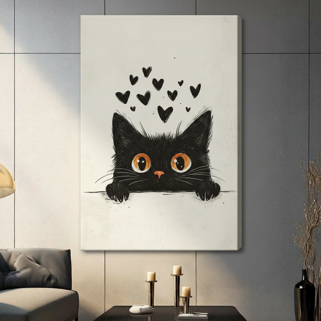 Frameless black fluffy cat peeking with floating black hearts minimalist line art illustration on dark grey panel wall – large amber eyes cream background whimsical cat canvas print for contemporary living room