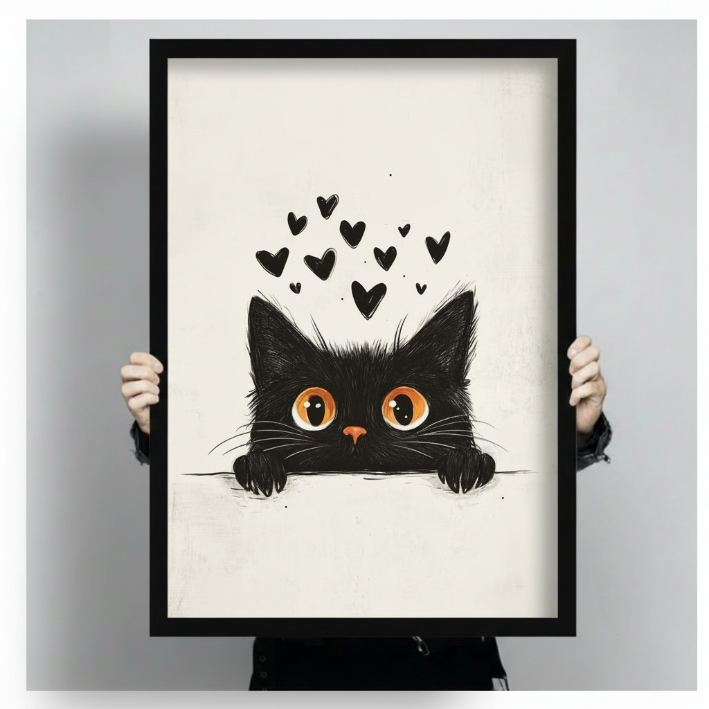 Person holding framed black fluffy cat peeking over edge with floating hearts minimalist line art illustration canvas – big orange eyes cream background cute black cat wall art size reference