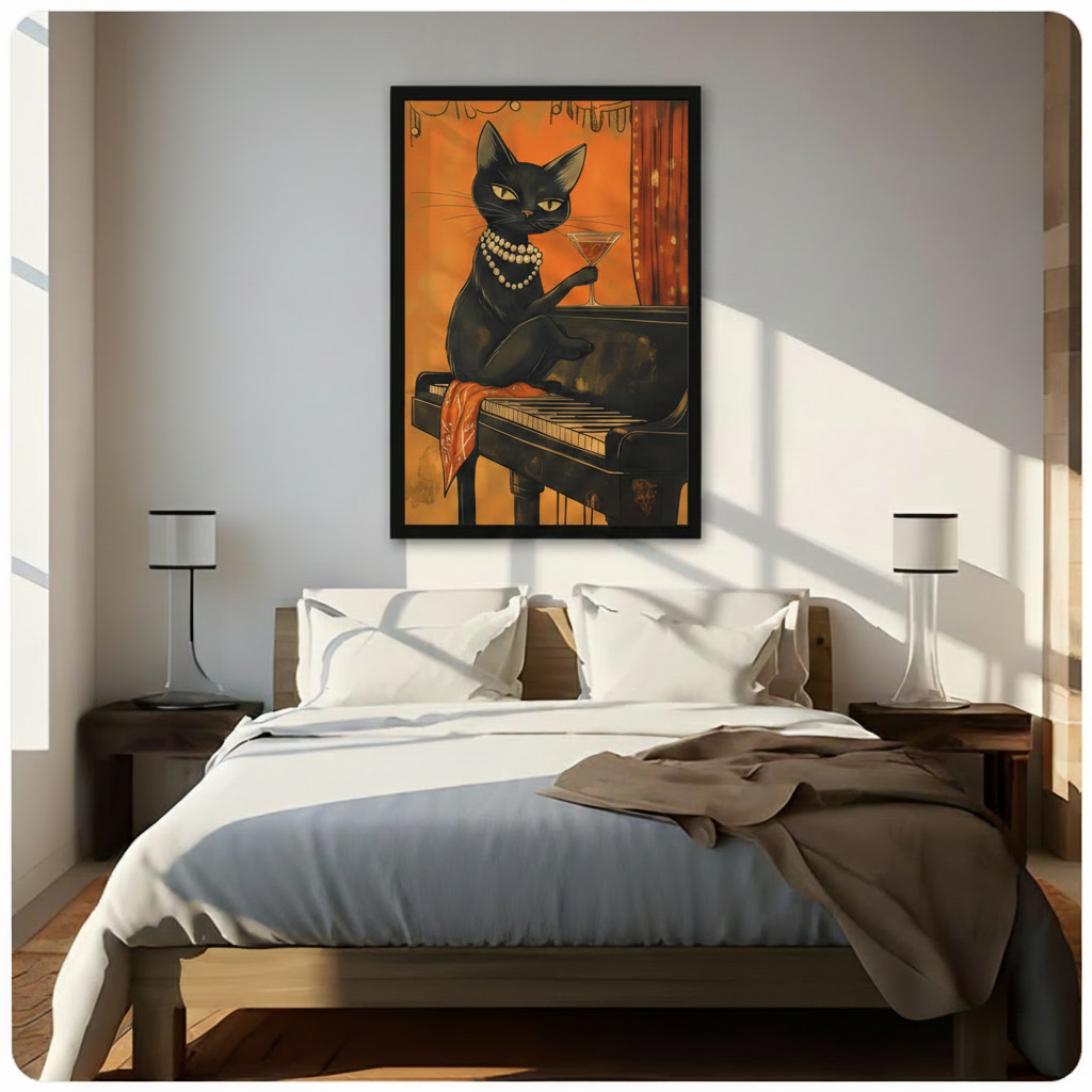 Vintage-style black cat jazz art framed print above bed in sunlit modern bedroom, bold orange art deco wall decor