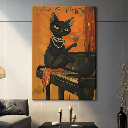 Vintage jazz black cat canvas wall art with pearl necklace and cocktail, gallery wrap displayed in elegant living room