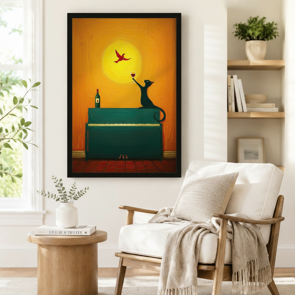 Vertical framed art print featuring black cat with wine and flying red bird on golden sunset background beside accent chair