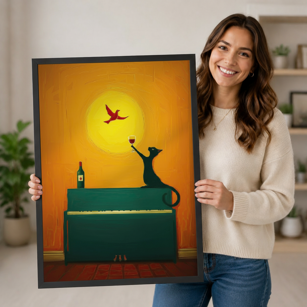 Smiling woman holding black cat piano wine wall art print with black frame in cozy home interior lifestyle photo