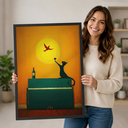 Smiling woman holding black cat piano wine wall art print with black frame in cozy home interior lifestyle photo