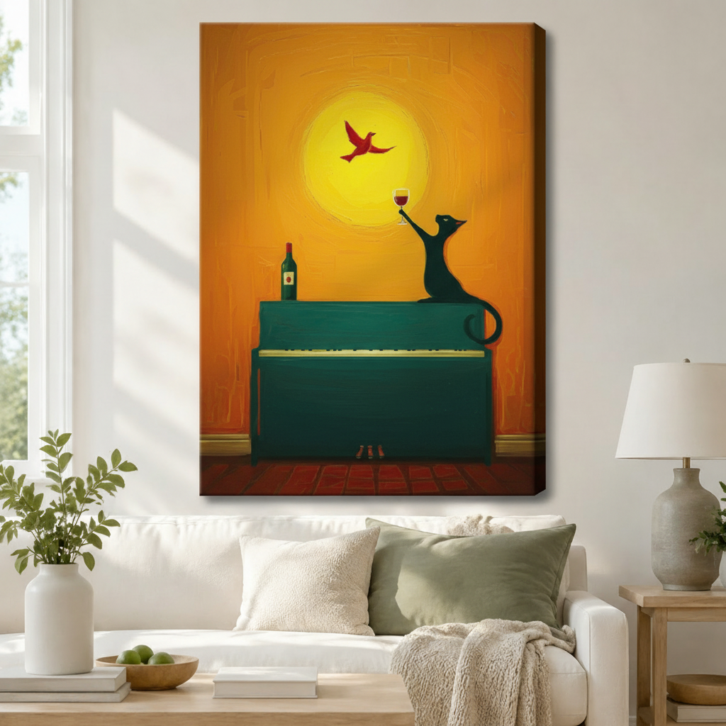 Canvas wall art of black cat toasting wine on green piano with red bird above white sofa in bright living room