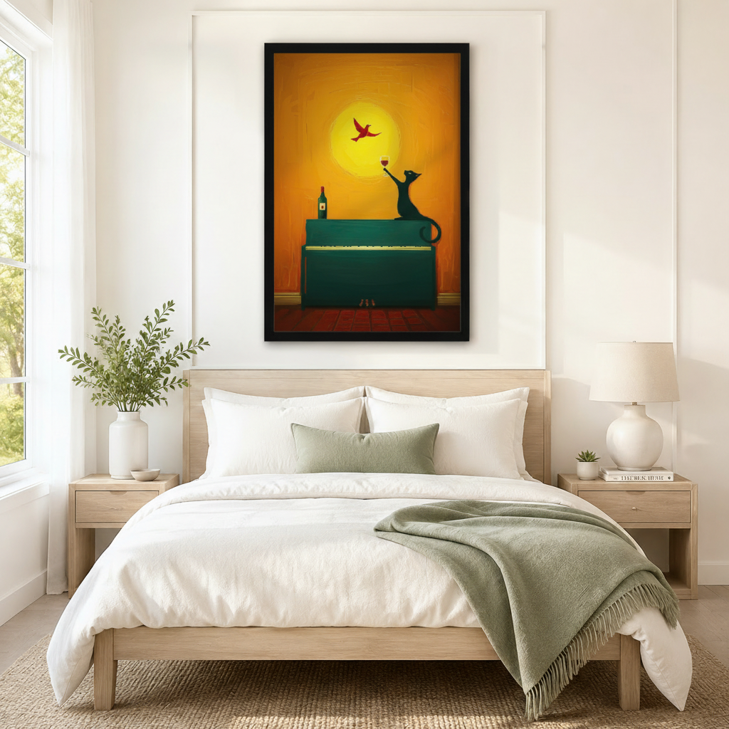 Black framed wall art of black cat raising wine glass on teal piano hanging above bed in neutral Scandinavian style bedroom