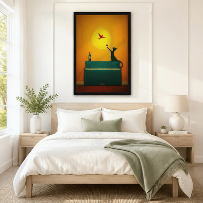 Black framed wall art of black cat raising wine glass on teal piano hanging above bed in neutral Scandinavian style bedroom