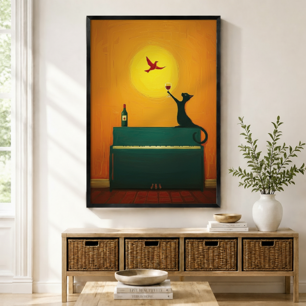 Framed black cat holding wine glass on teal piano wall art displayed above entryway console table in modern American home