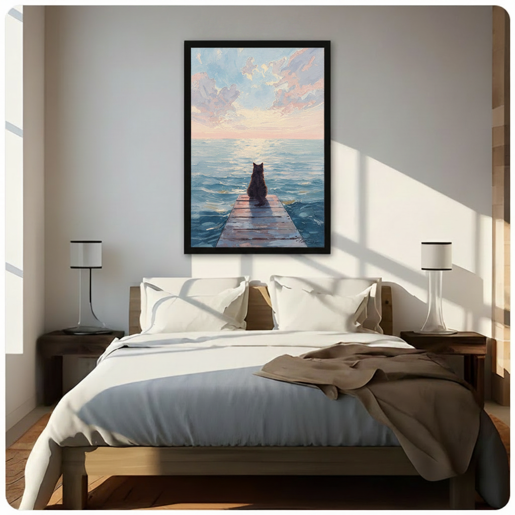 Large framed black cat on wooden pier ocean sunset canvas wall art above wooden bed in sunlit minimalist bedroom with white bedding and matching modern bedside lamps



